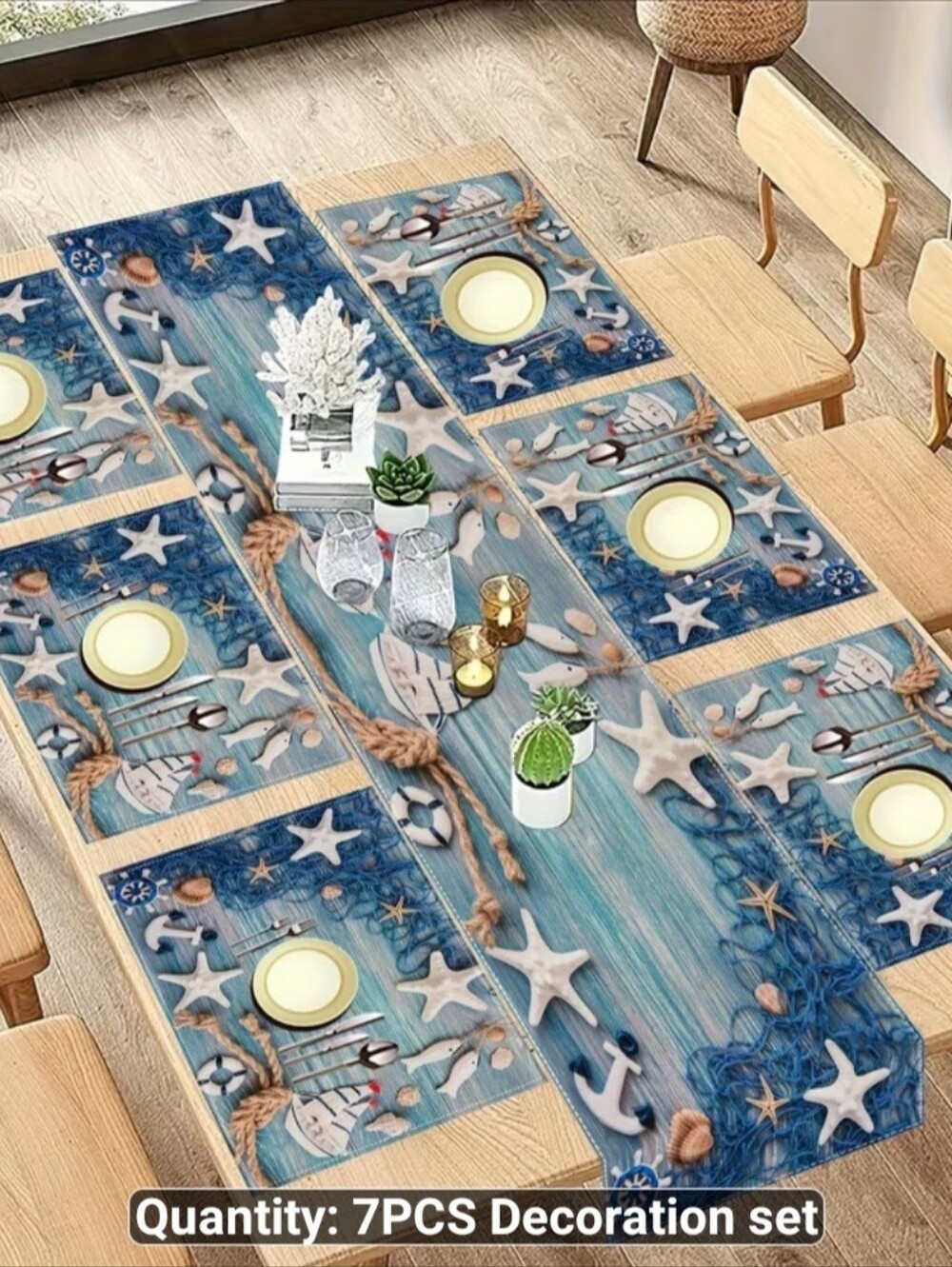 New Coastal Starfish 7‑Piece Table Runner and Placemats Set - #1520-758